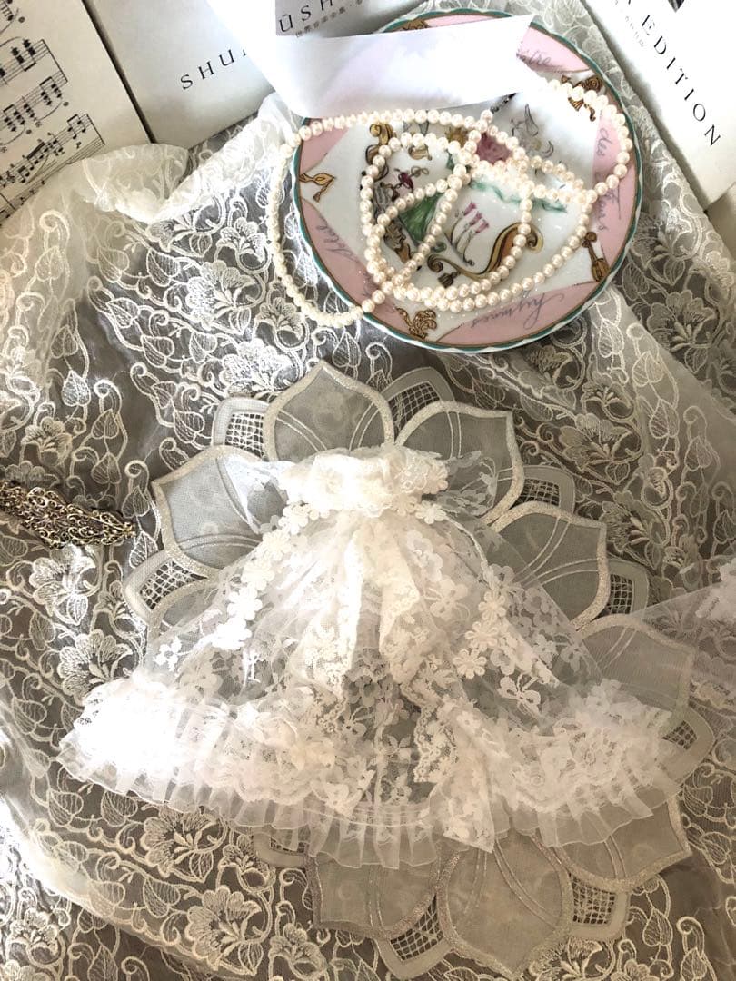 ぬい服16cm*♡純白レースロングドレス・アンティーク調ベール￼セット￼