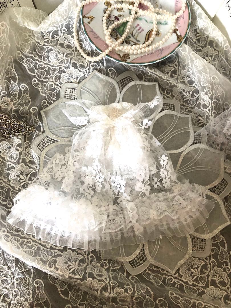 ぬい服16cm*♡純白レースロングドレス・アンティーク調ベール￼セット￼