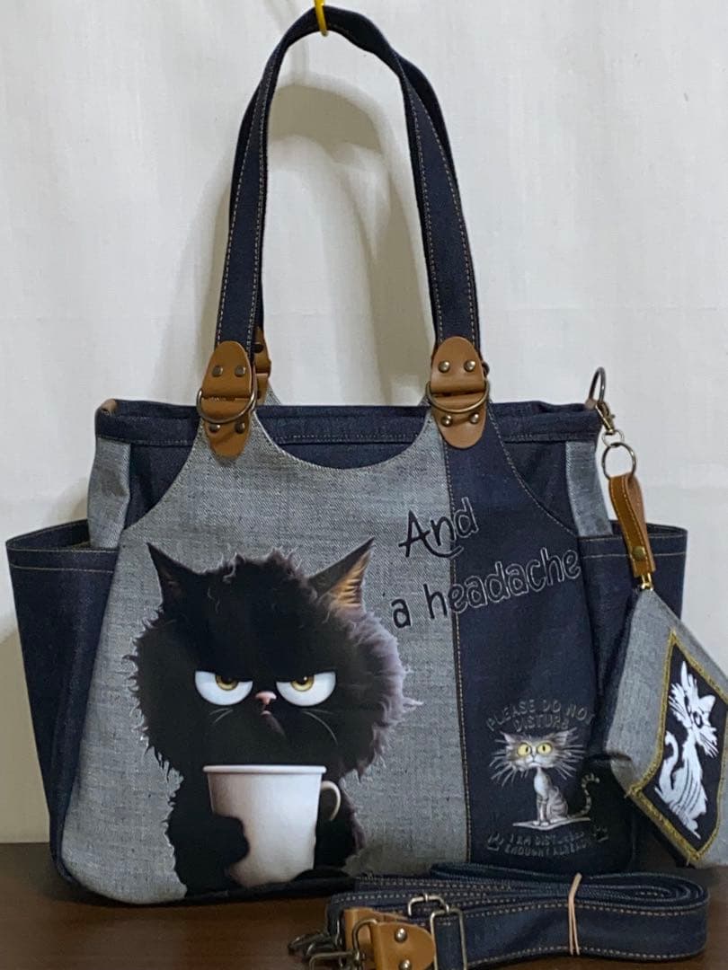 ☆ハンドメイド☆岡山デニム☆黒ネコ☆リュック対応☆4wayあおりバッグ
