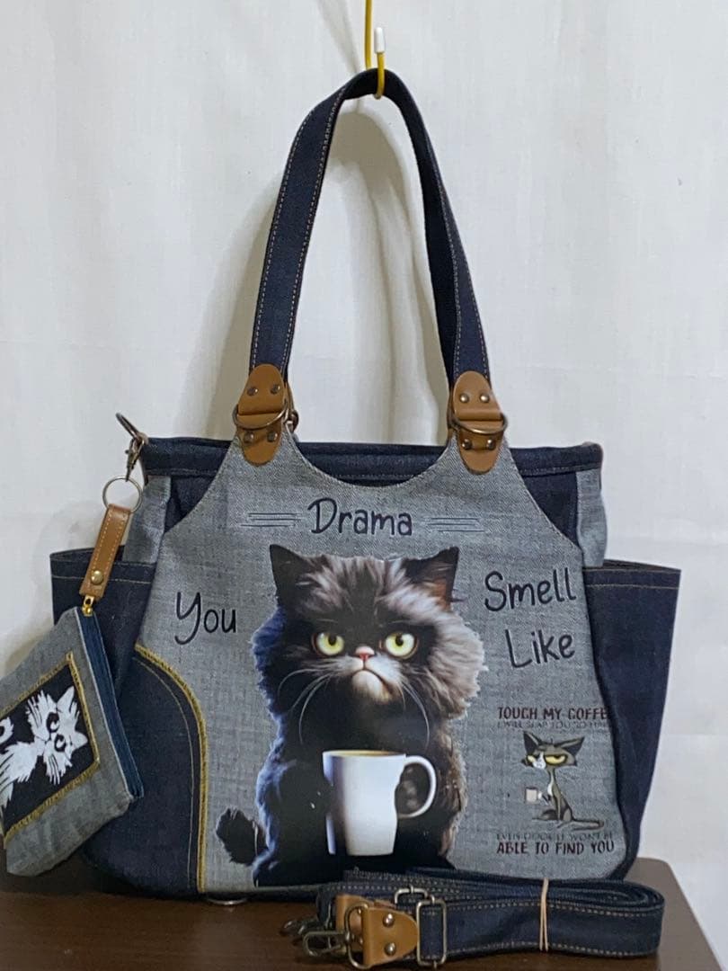 ☆ハンドメイド☆岡山デニム☆黒ネコ☆リュック対応☆4wayあおりバッグ