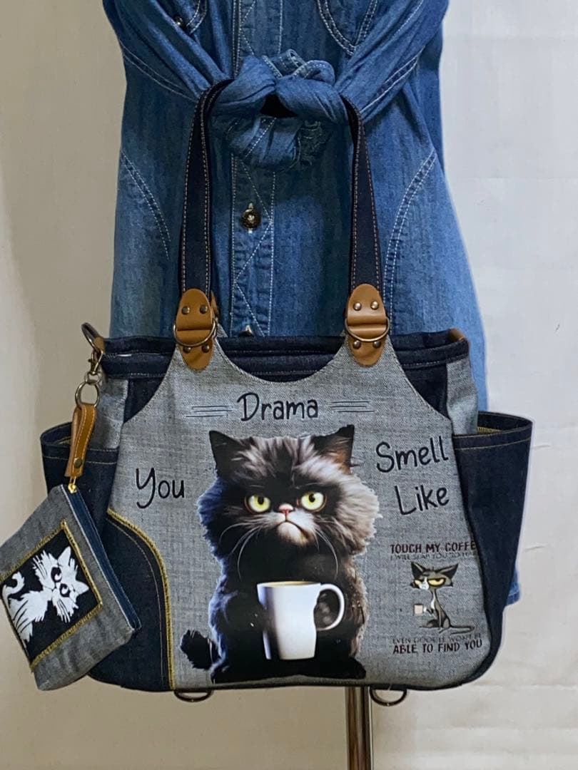 ☆ハンドメイド☆岡山デニム☆黒ネコ☆リュック対応☆4wayあおりバッグ