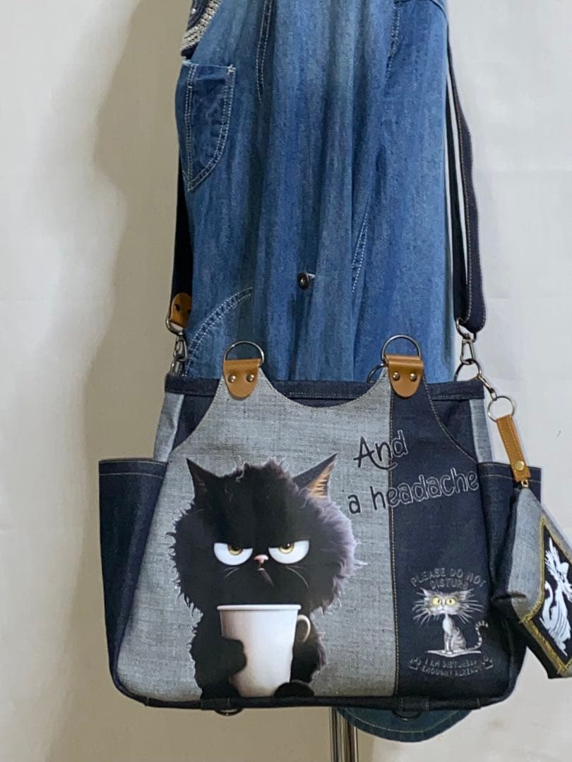 ☆ハンドメイド☆岡山デニム☆黒ネコ☆リュック対応☆4wayあおりバッグ