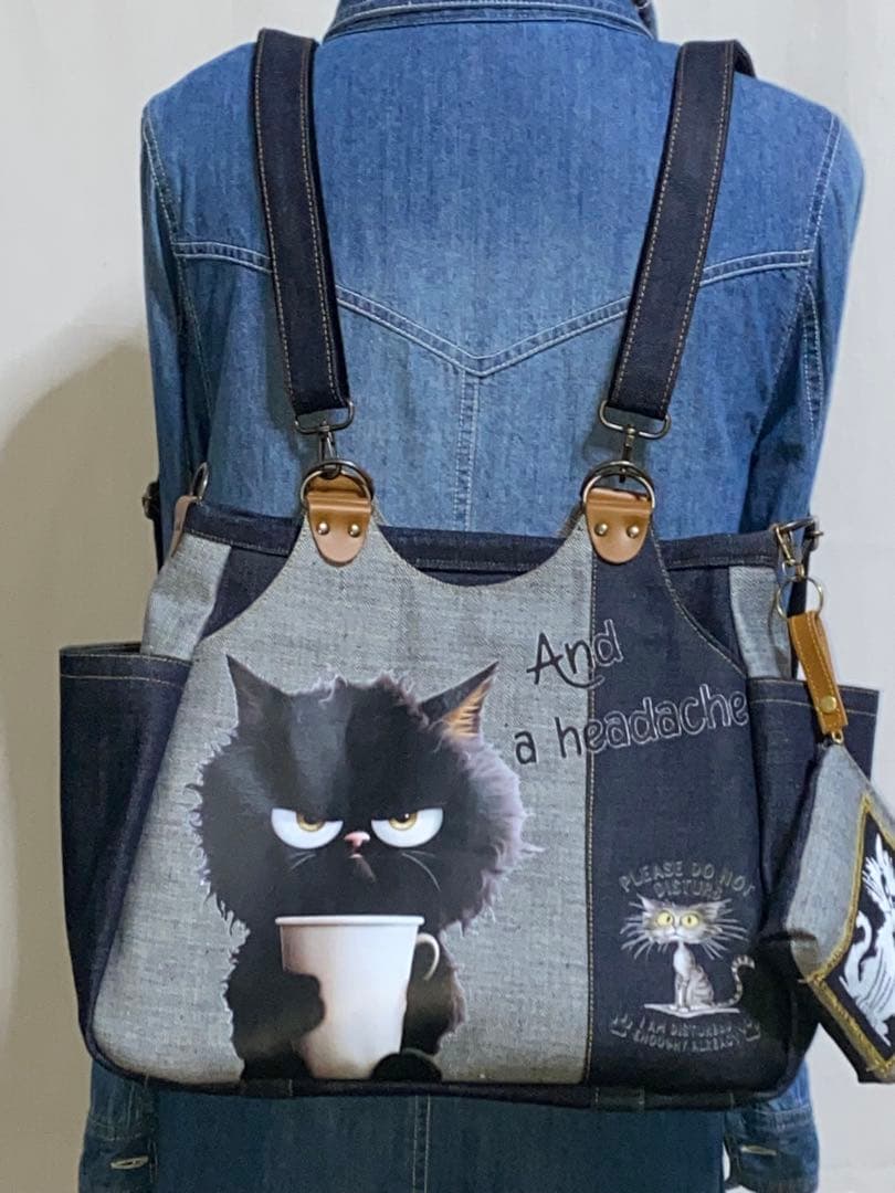 ☆ハンドメイド☆岡山デニム☆黒ネコ☆リュック対応☆4wayあおりバッグ
