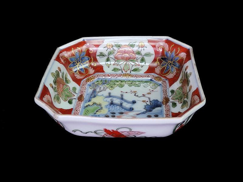 大聖寺伊万里　金襴手　窓絵　牡丹に菊　四方角向付　５客　N1643A-CLv