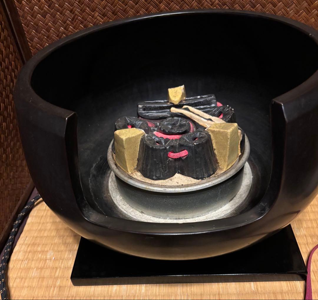 【茶器/茶道具　土風炉/黒紅鉢　野々田電熱器風炉　丸釜　黒の子板(ウレタン塗装)