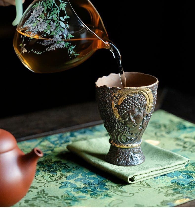 陶泥蒔絵敦煌鉄錆紅高足杯 茶湯杯カンフー杯 茶器 新品未使用