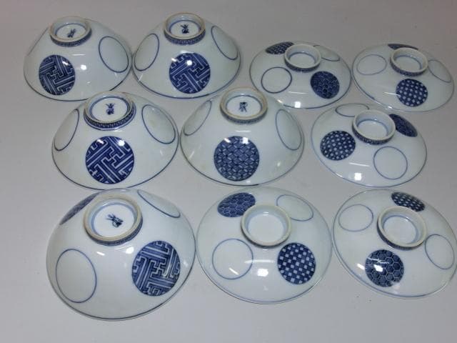 蓋茶碗■吸物碗 5客セット（江戸後期～明治期）丸窓幾何学模様紋 洸春 蓋物 骨董