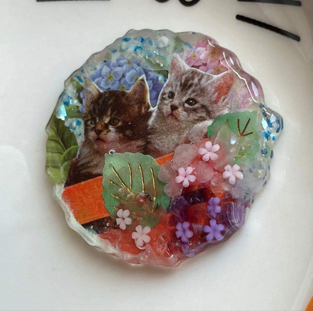 雨やどり紫陽花と猫ちゃん(天然石)レジンヘアゴム
