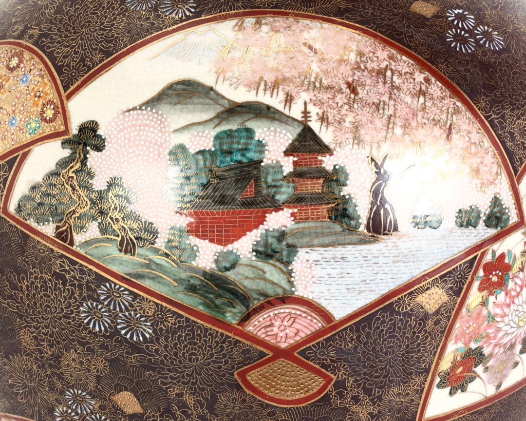 九谷連山 金襴手花詰扇面楼閣山水図 大花瓶61㎝ 色絵金彩 飾壺 古美術 骨董品