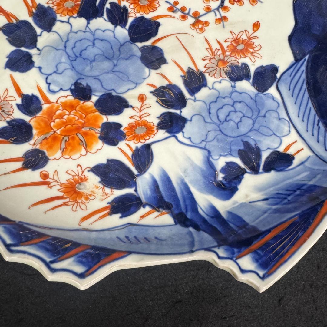 古伊万里 金彩色絵梅花図細密絵付皿 魚形皿時代物 骨董品　38cm