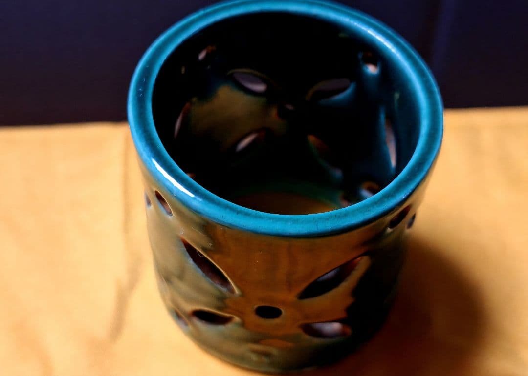 未使用！茶道　茶道具　蓋置【七宝透蓋置】焼青釉　瑞山造　裏千家　利休　青釉
