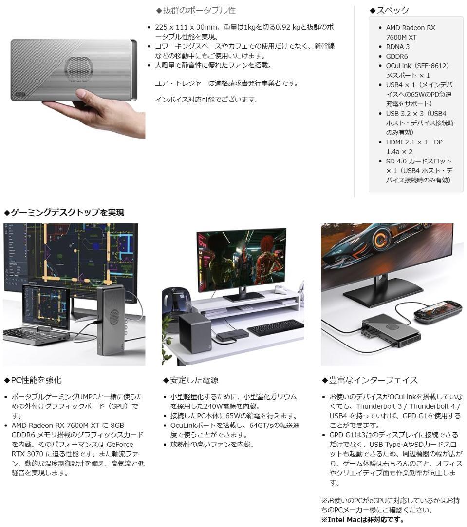 【動作確認済】GPD G1 2024 eGPU RX7600M XT