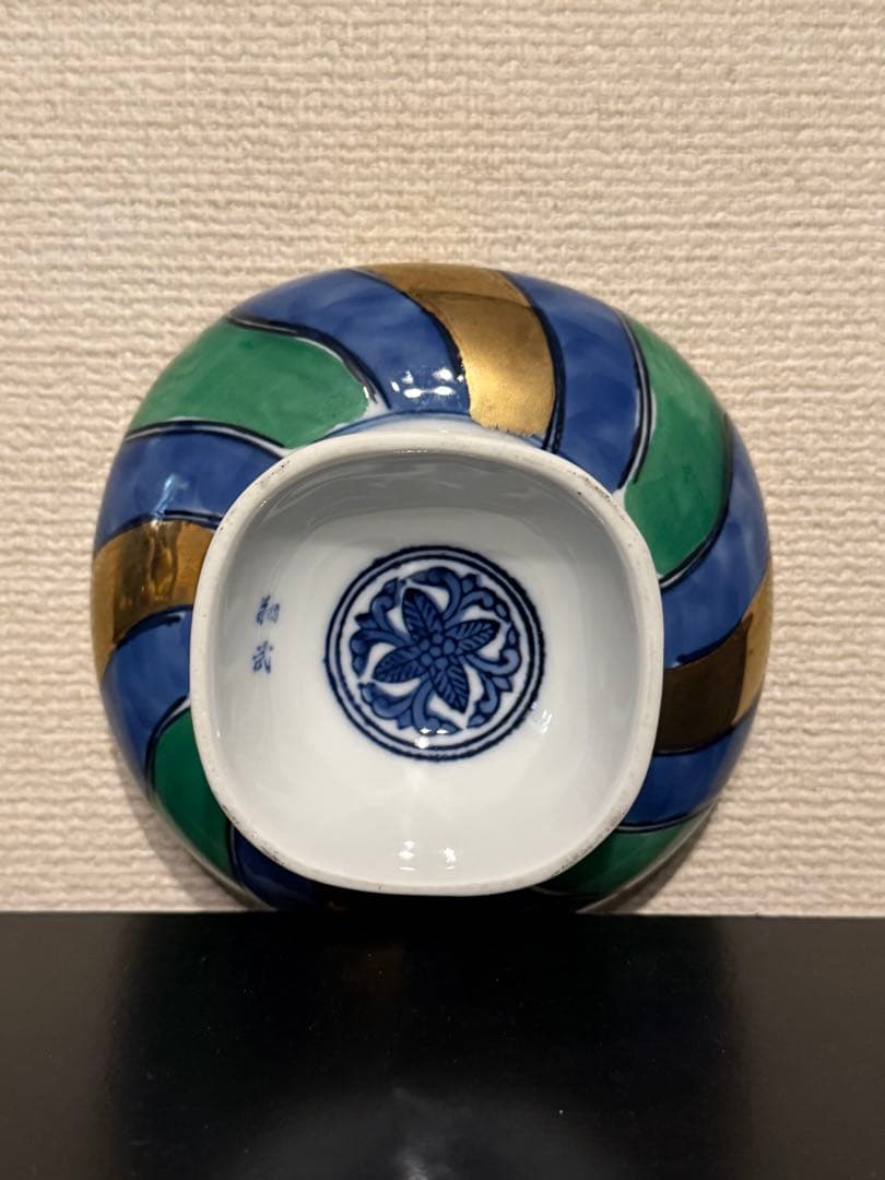 足付き陶器 青緑金