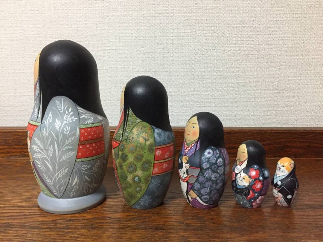 ロシア雑貨☆着物マトリョーシカ(5P)和風猫ボボワ作オマケ付き♪