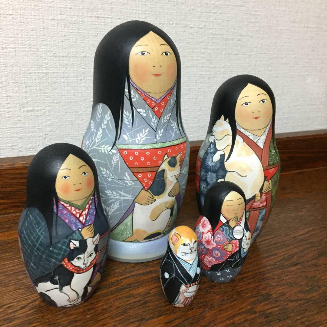 ロシア雑貨☆着物マトリョーシカ(5P)和風猫ボボワ作オマケ付き♪