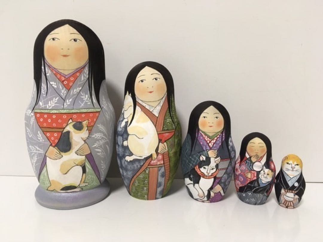 ロシア雑貨☆着物マトリョーシカ(5P)和風猫ボボワ作オマケ付き♪