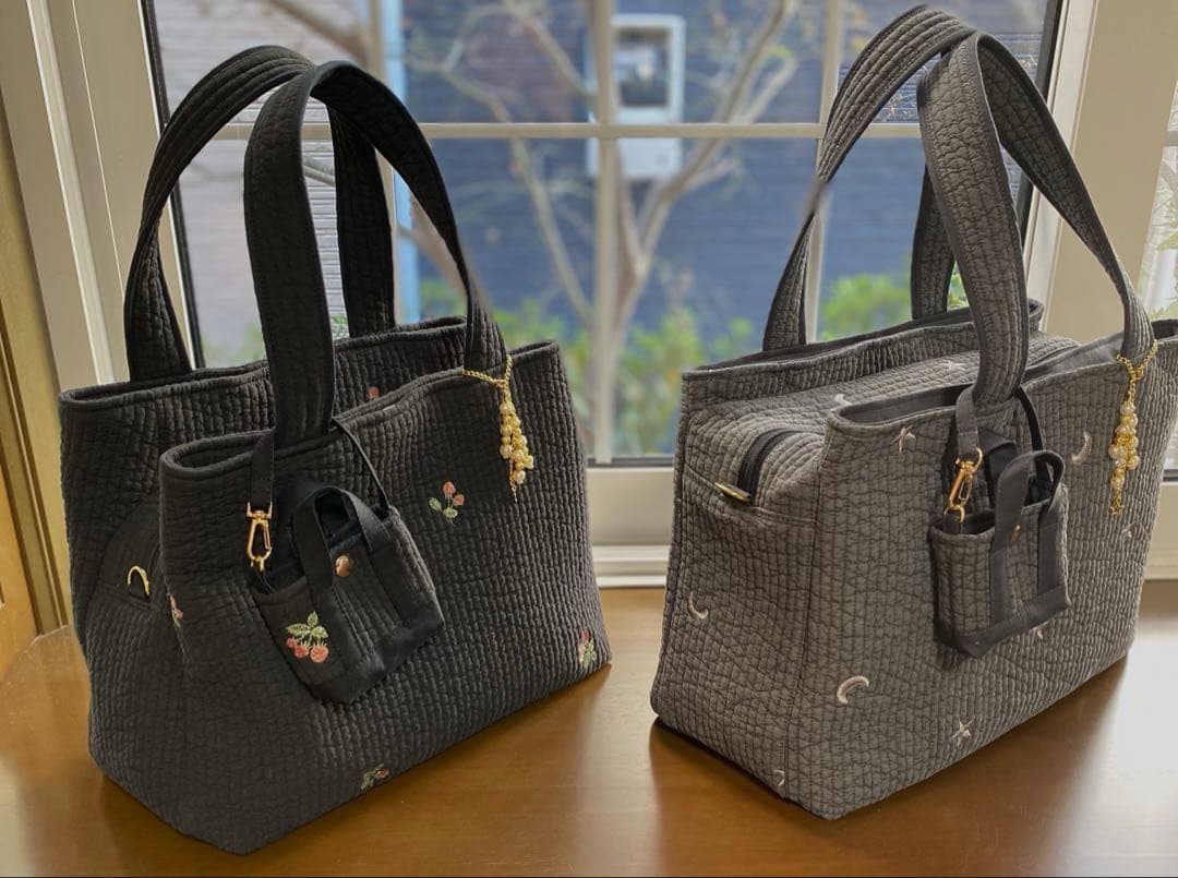 大きめ3ルームズヌビバッグ　ダークグレー×ムーンスター　3層構造　ハンドメイド