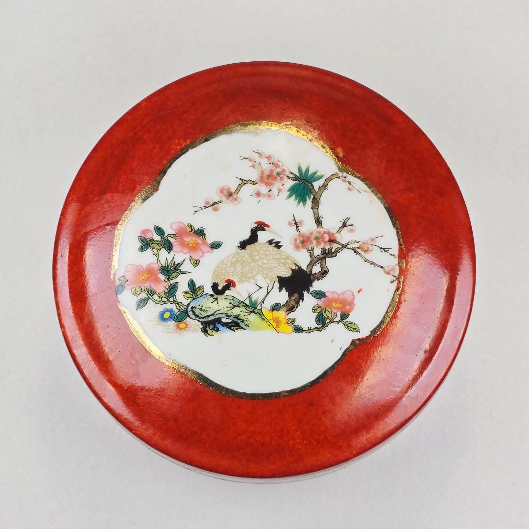 美品 中国古磁 赤地開窓 粉彩 蒔絵金 鶴紋 大捧合 香合 在銘 激安