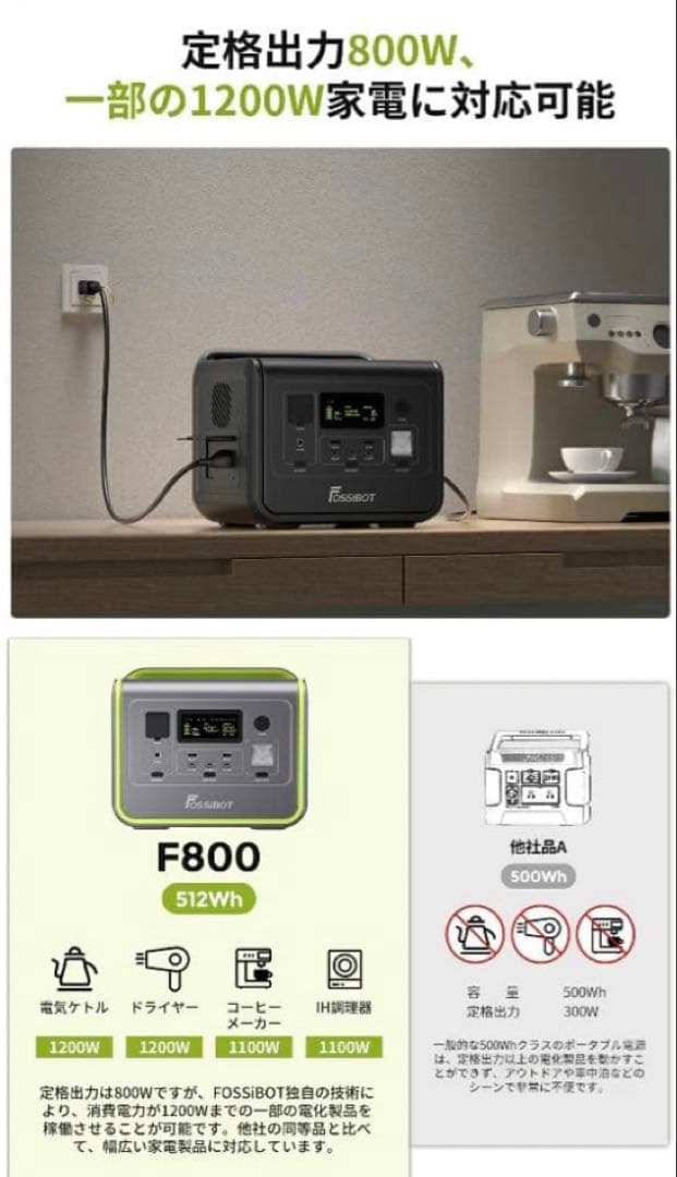 ✨新品❗️✨【FOSSiBOT 】ポータブル電源 512Wh 800W ／グリーン