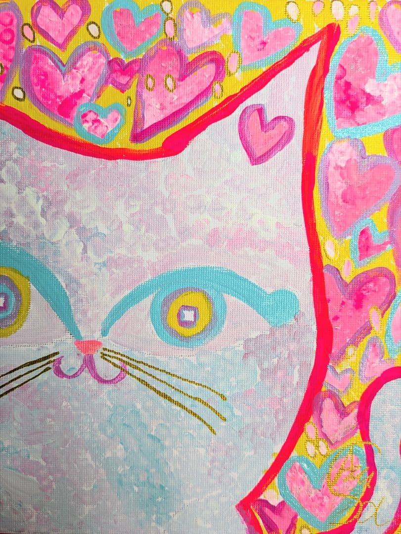 【ハートいっぱい白猫さん】F3キャンバス 絵画　イラスト　猫絵　猫　白猫