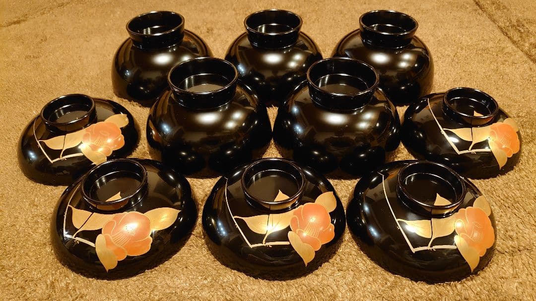輪島塗　漆器　蓋椀　椿の図　蔵出し　共箱　５客
