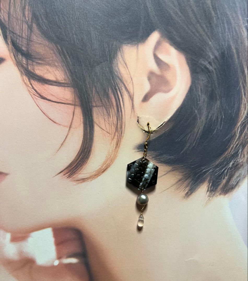 バンデットアゲート　カービング　淡水パール　ブルームーン　14kgf ピアス