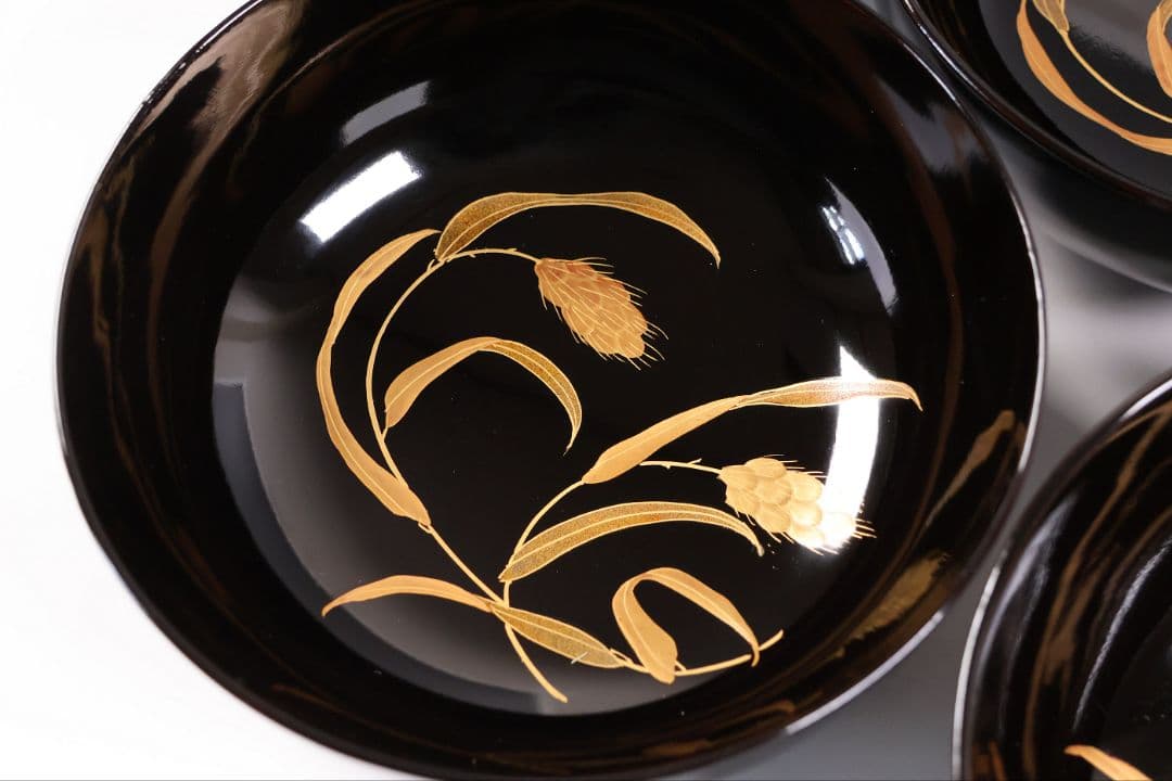 【MB280】輪島塗 天然木漆塗 粟穂鶉金蒔絵 黒塗椀 五客 鳥 漆芸 木製漆器