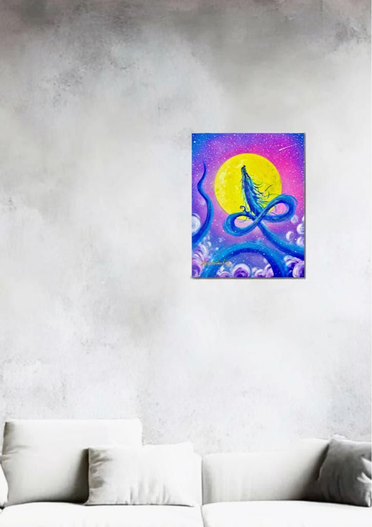 原画 「満月と青龍」 開運絵画 アクリル画 龍神 龍 龍ノツカイ