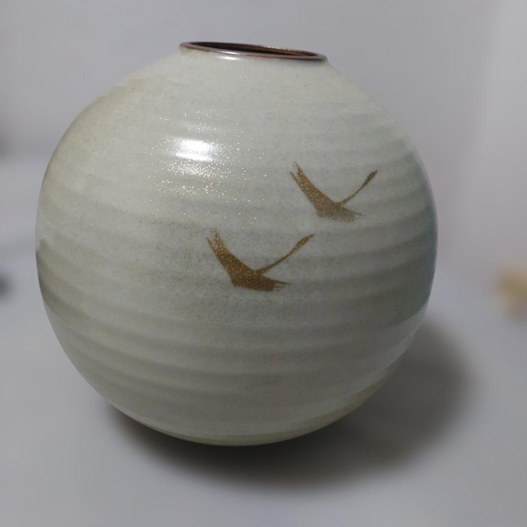 陶器 花瓶 鶴デザイン 直径約18cm