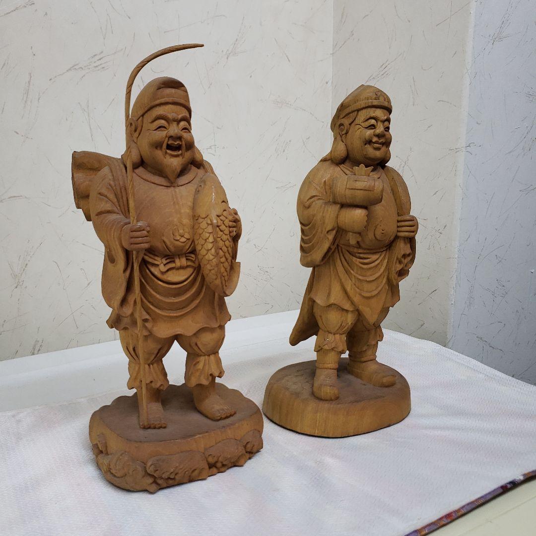 蔵出し特価風水縁起物木製恵比寿大黒像 2体セット展示物 高27cm神棚の脇に最適