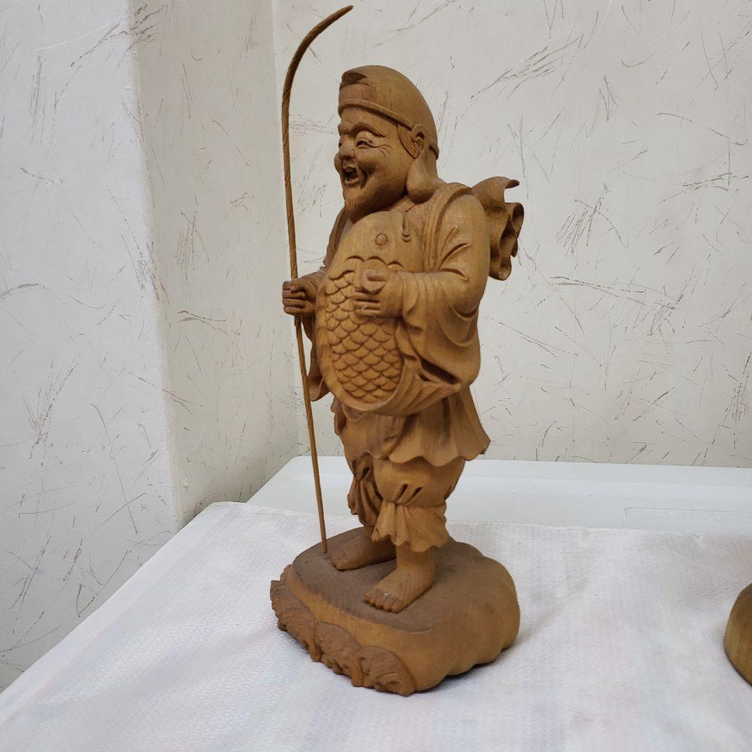 蔵出し特価風水縁起物木製恵比寿大黒像 2体セット展示物 高27cm神棚の脇に最適