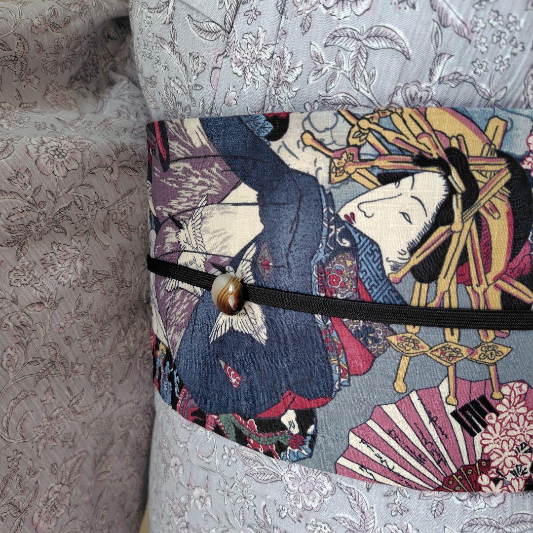 リバーシブル半幅帯　国産刺繍/ブラック（黒）歌舞伎