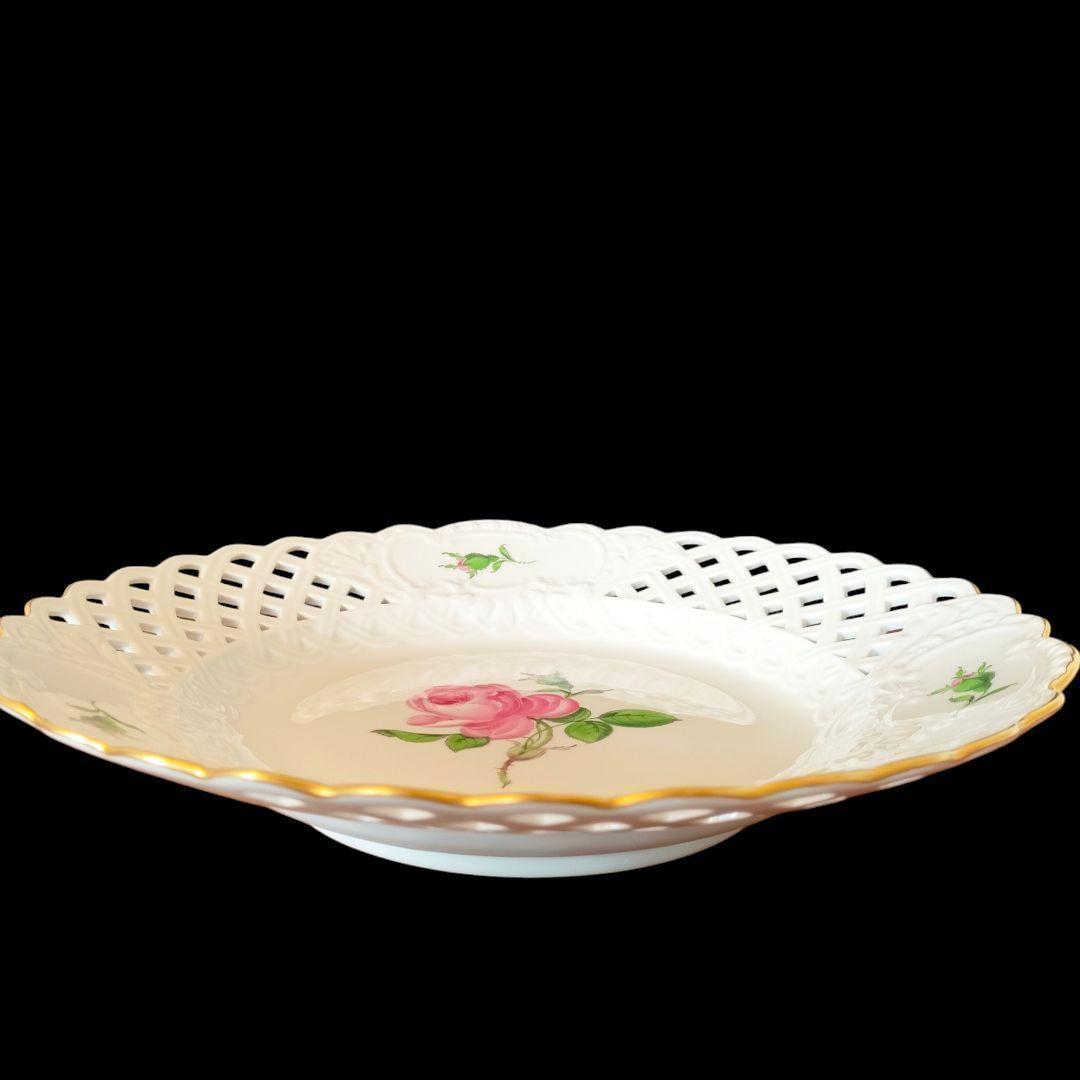 28cm MEISSEN ピンクローズ オープンワーク 透かしプレート 1級品