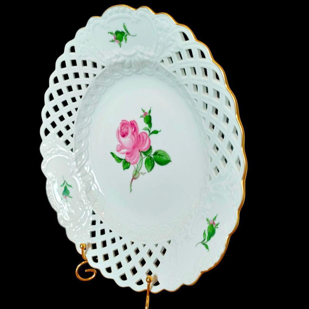 28cm MEISSEN ピンクローズ オープンワーク 透かしプレート 1級品