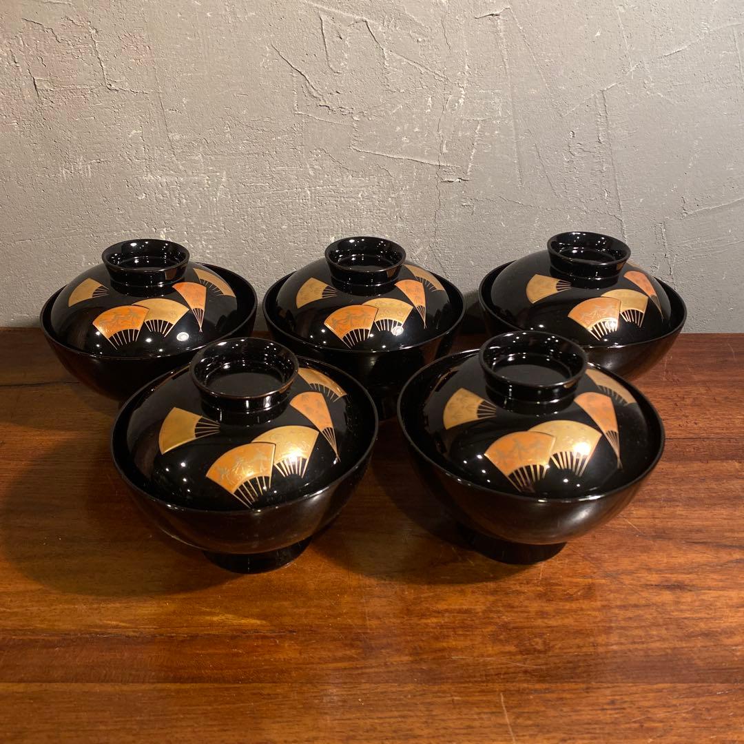 昭和レトロ 高級蒔絵付吸い物椀 木製 漆芸 食器 扇柄 共箱 骨董品