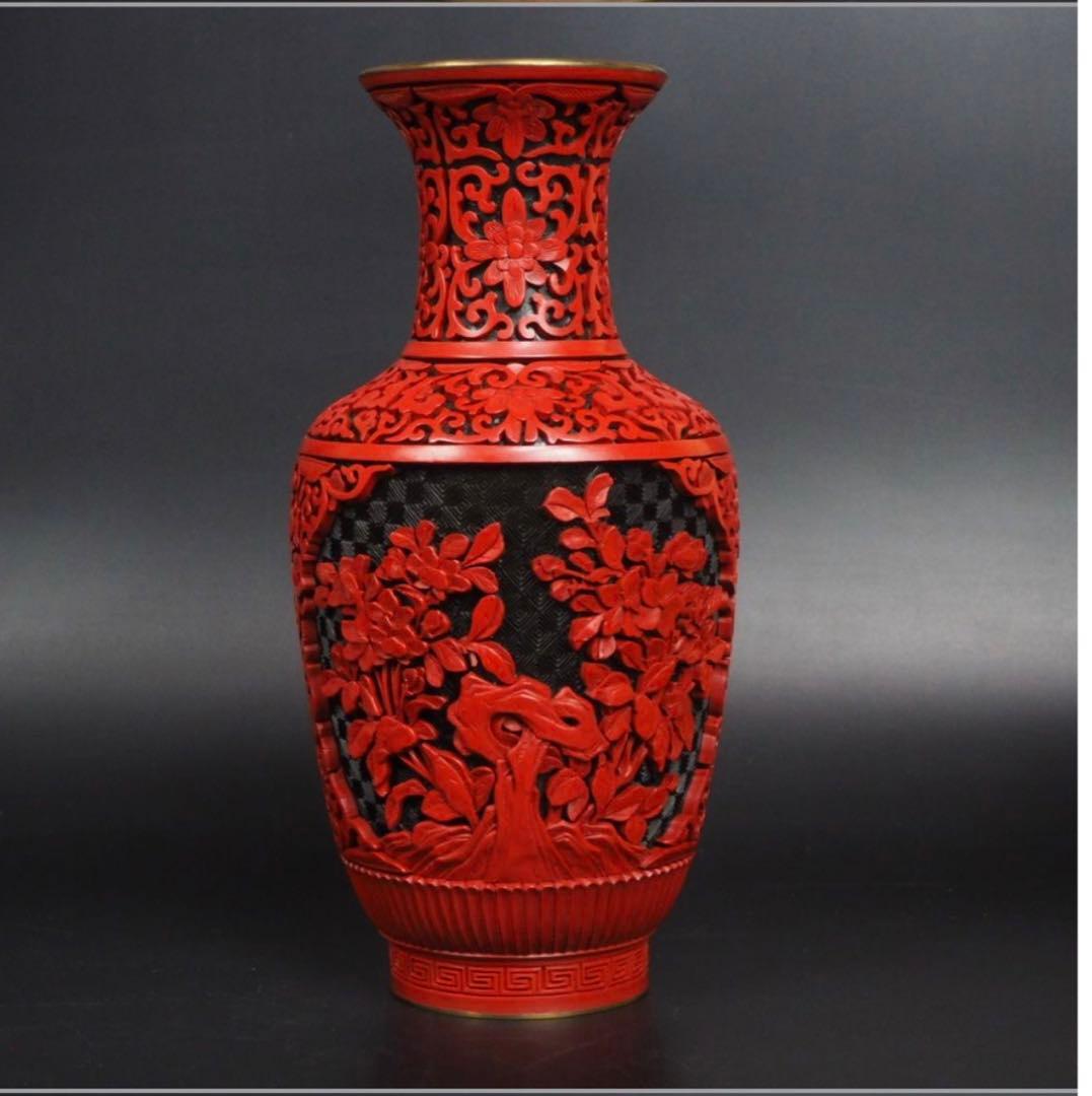 送料無料　極上高肉彫堆朱花瓶　台付　全高さ29ｃｍ　共箱　中国古玩骨董