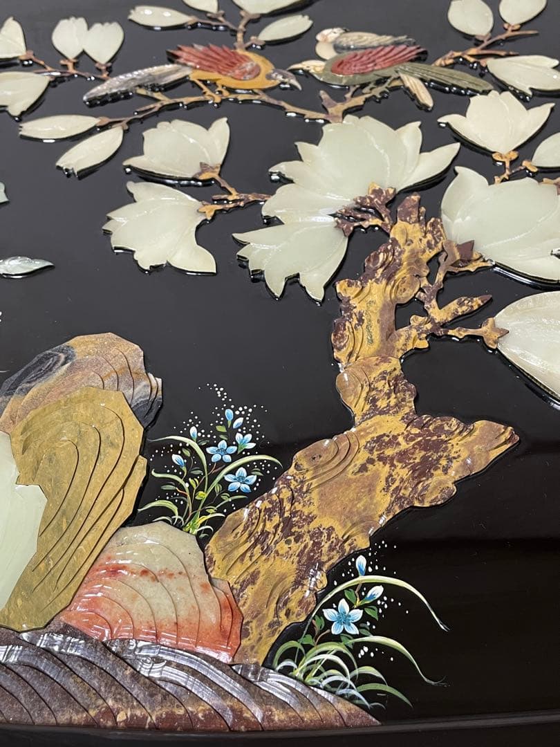 中国美術 黒漆 玉石象嵌 螺鈿細工 花鳥図　座卓 天然石細工 テーブル レトロ