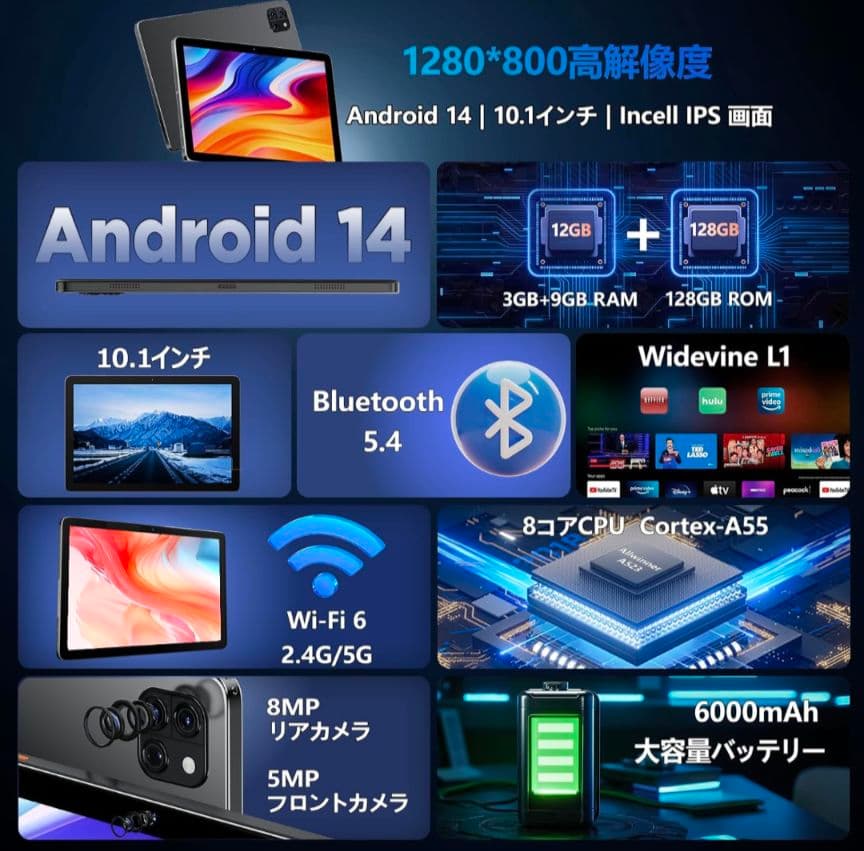 83Android14 タブレット 10インチ 12GB+128GB+2TB拡張