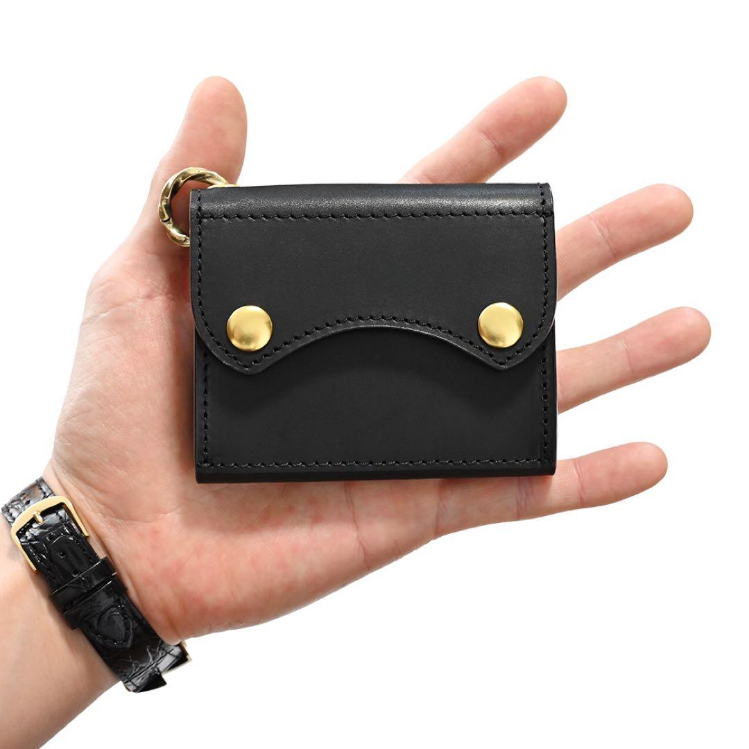 牛革コンパクトトラッカーウォレット ブラックレザー カウハイド ミニショート財布