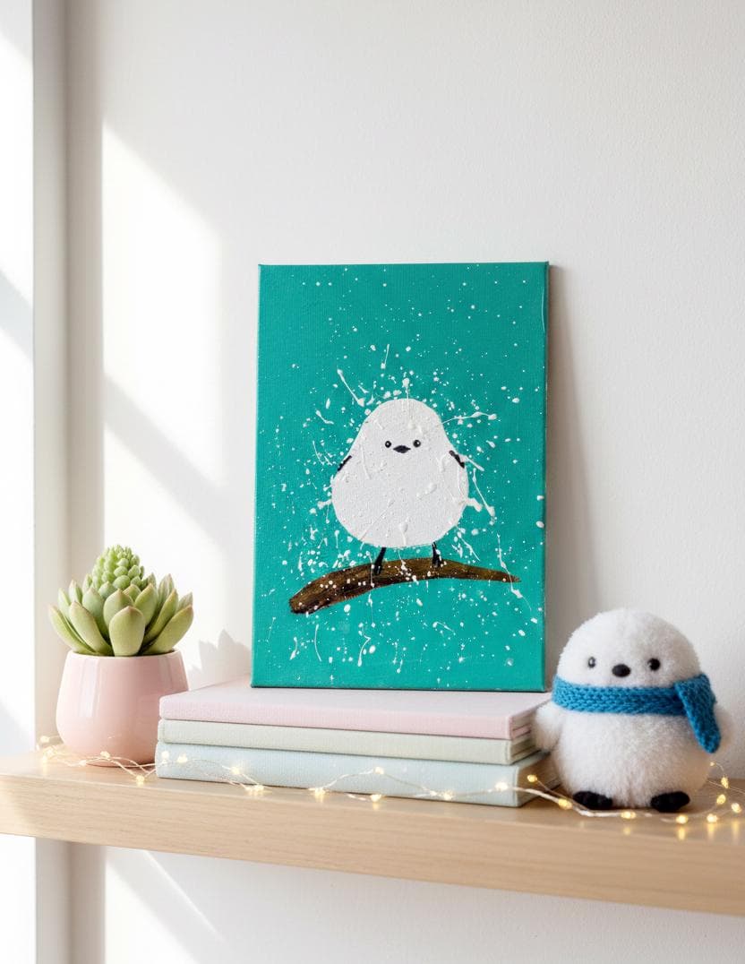 鳥 原画 アクリル画 インテリアアート「シマエナガ」