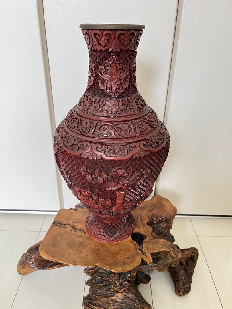 銅胎堆朱花瓶、台湾堆朱、アンティーク、古美術、芸術品、置物、コレクション