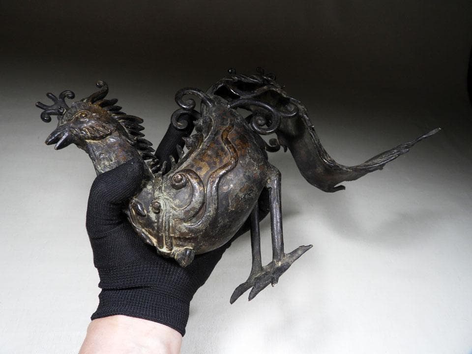 ●希少 時代物 古銅 大きい 鳳凰像 鳥獣 斑紫銅色 宣徳銅 唐金 高さ23cm