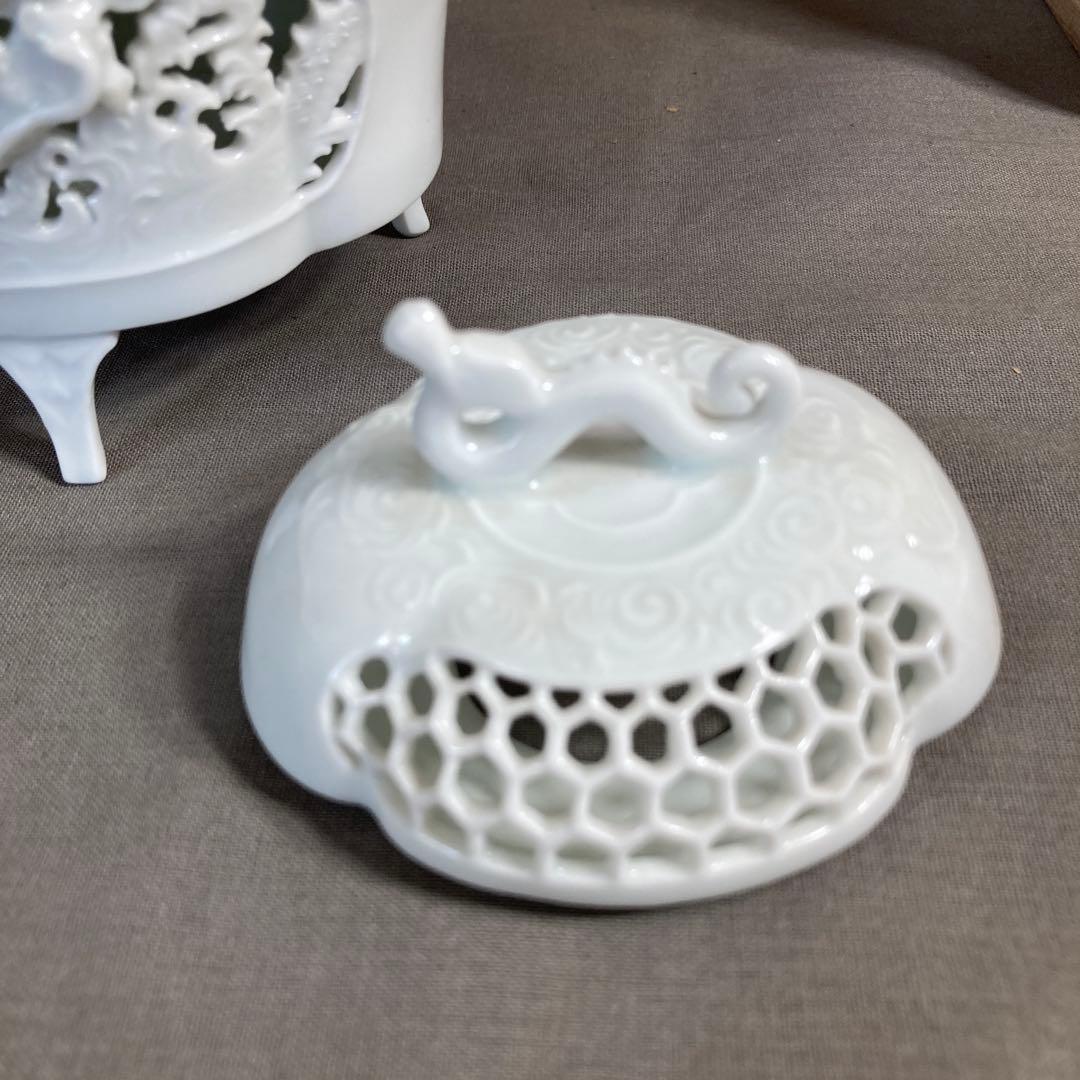 【杉原一壷】白磁彫の伝統　日本の名窯　有田一壷窯　杉原一壷作　白磁龍鳳凰彫　香炉