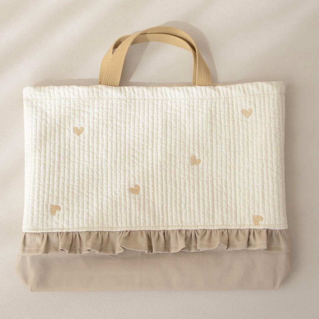 ハート刺繍ヌビ×フリル　入園入学3点セット/レッスンバッグ 上履き入れ 体操着袋