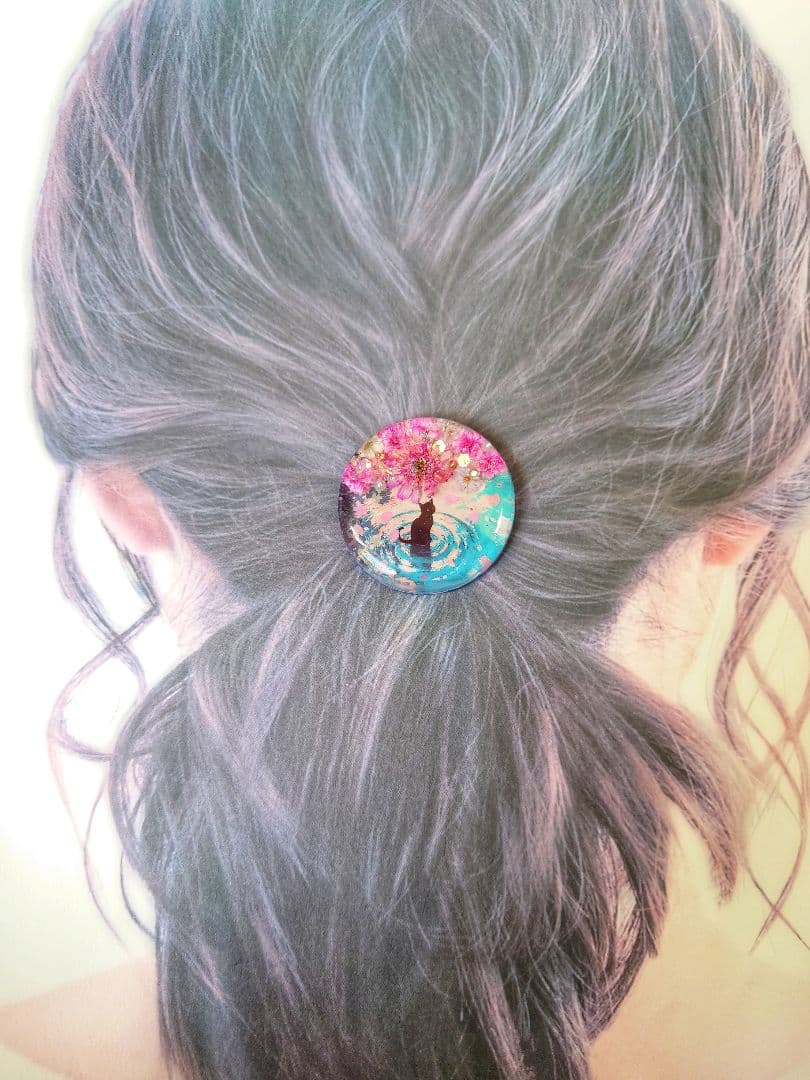 レジン　猫　ヘアゴム　ブローチ　ポニーフック　No.457