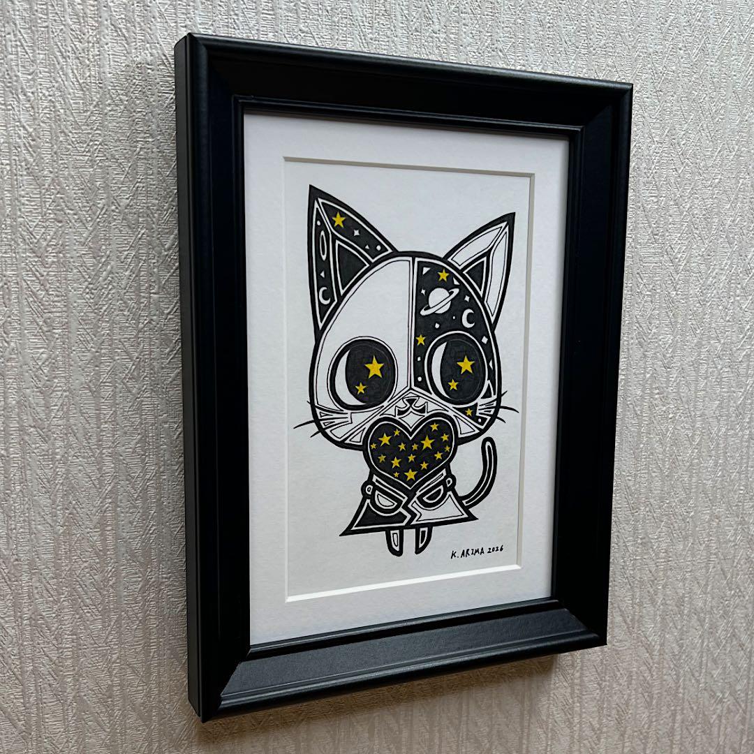 動物 原画 絵 手描き 癒し 猫 一点物 額縁付き 『星のおすそわけ』