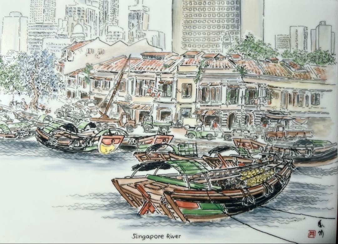 陶版画壁飾リSingapore 木製額縁 壁掛けHandpainted