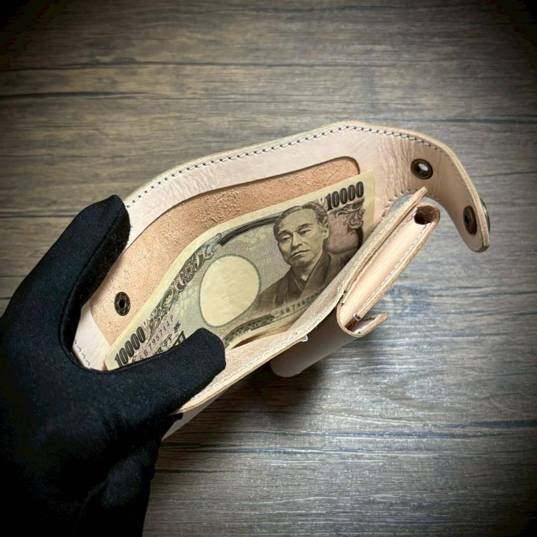 総手縫い ミドルウォレット メンズ財布 ヌメ 本革 ハンドメイド ブラウン 緑