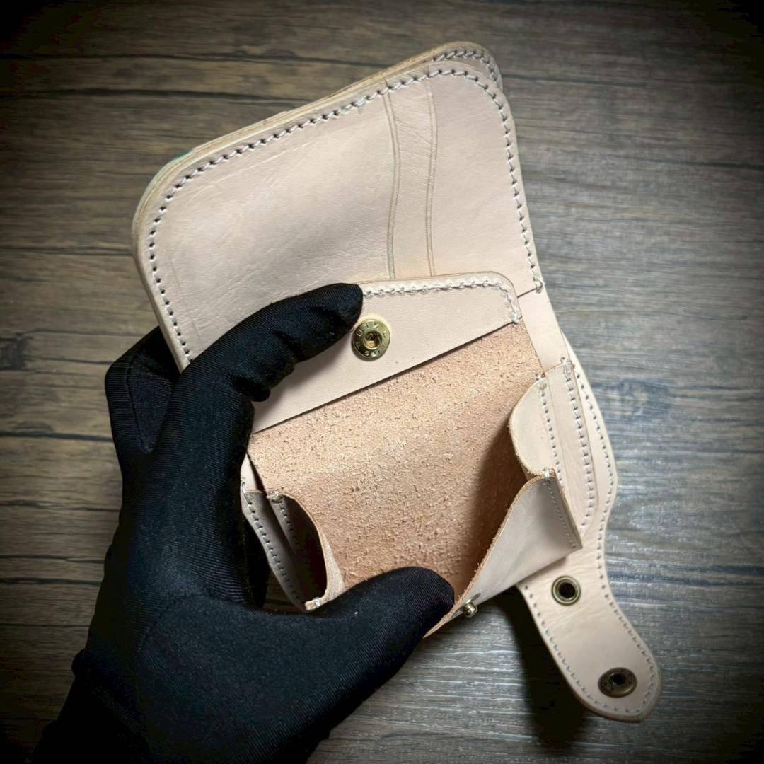 総手縫い ミドルウォレット メンズ財布 ヌメ 本革 ハンドメイド ブラウン 緑