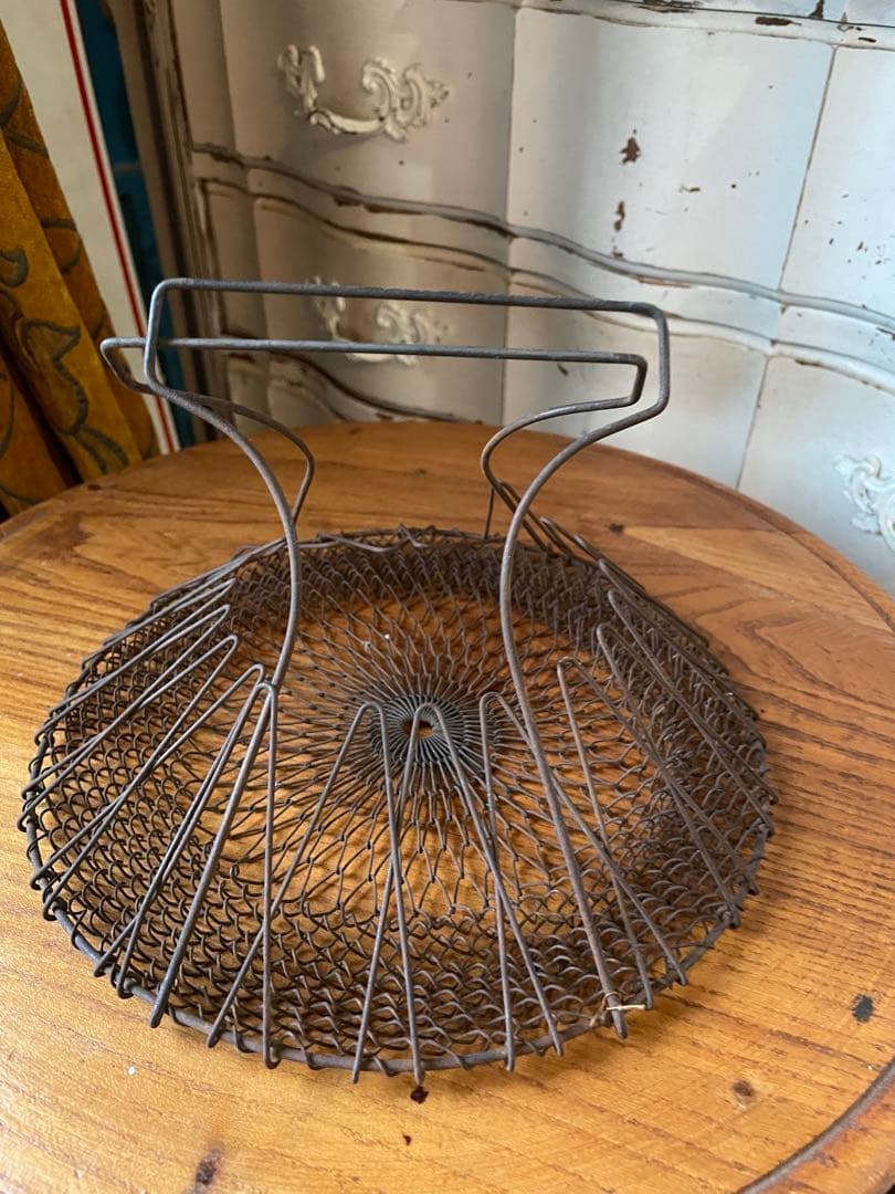フランス　アンティーク　アイアン　パニエ　バスケット　カゴ　ワイヤー　シャビー